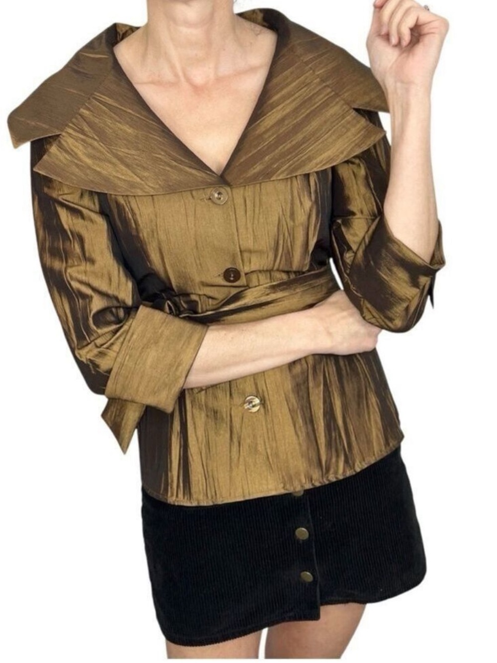 VTG 90s PULI copper iridescent taffeta statement collar belted jacket blouse 4